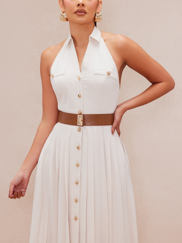 Beige Button Pleated Dress