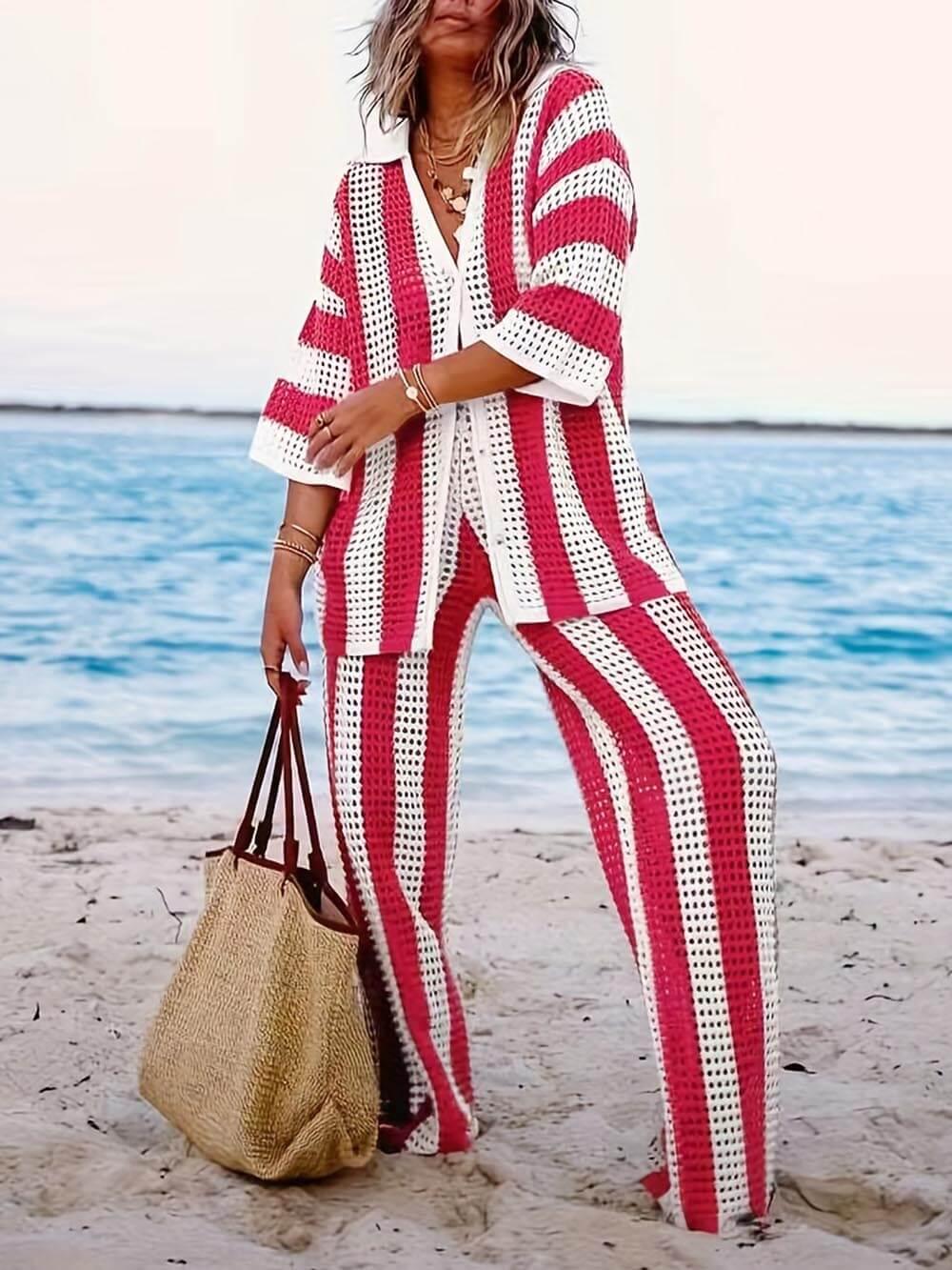 Loose V-Neck Fashion Hollow Out Striped Shirt Wide Leg Pants Set