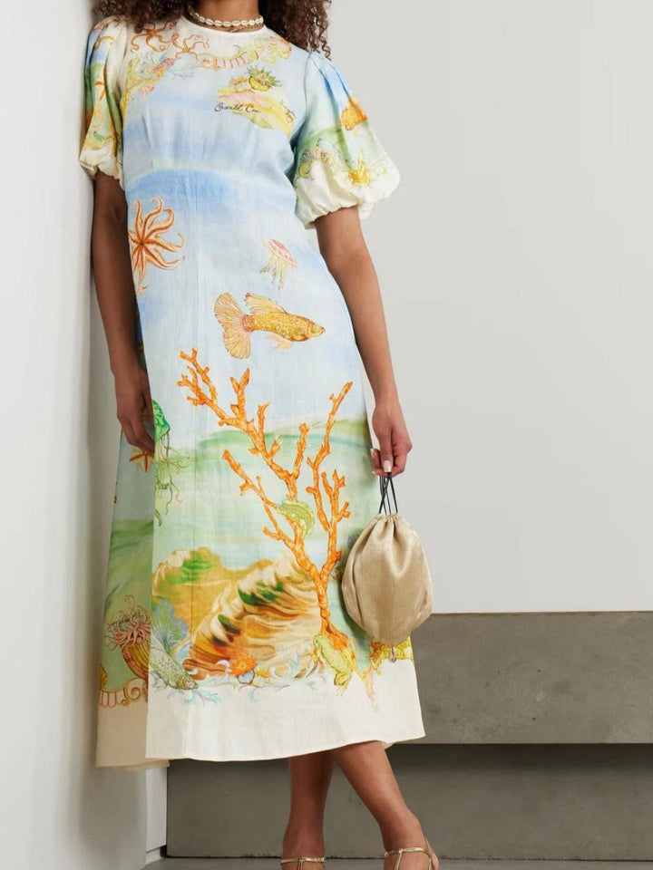Gathered Printed Linen-Gauze Midi Dres