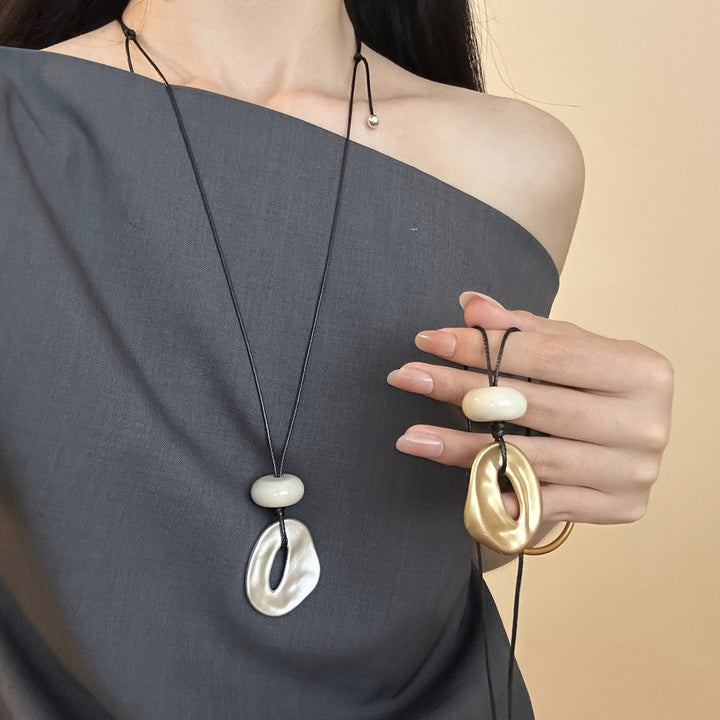 Irregular matte openwork oval pendant long necklace