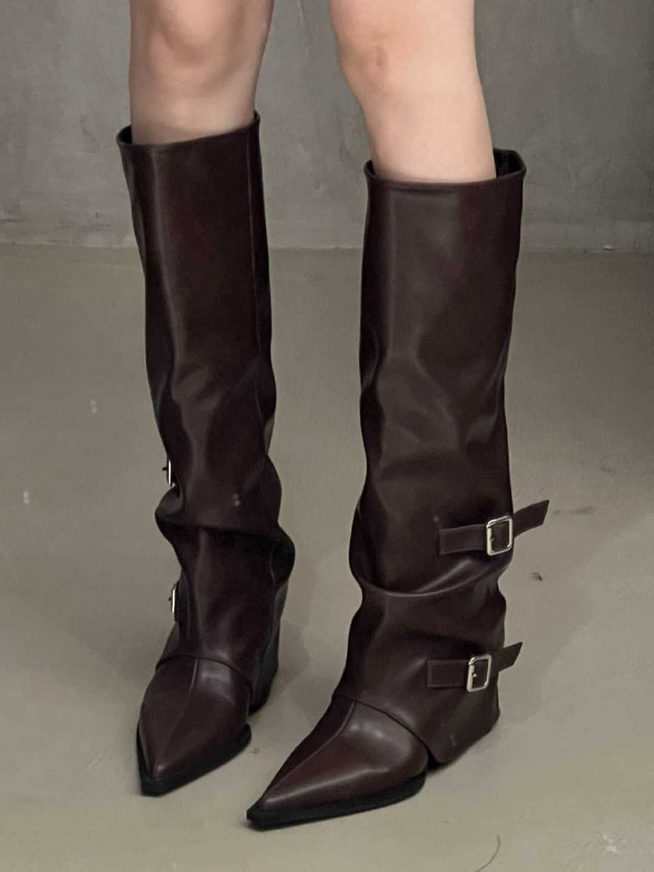 High-top belt buckle pointed toe thick-heeled boots