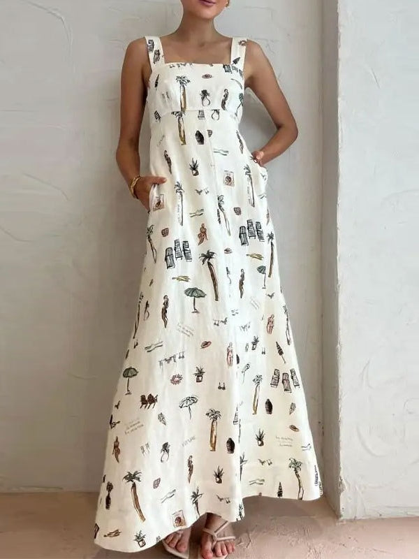 Sleeveless Tie-Drawn Print Swing Dress