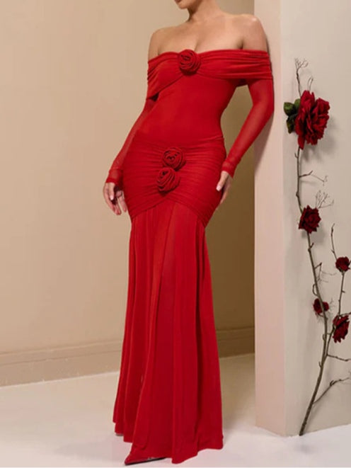 Solid color pleated slim long sleeve one-shoulder dress