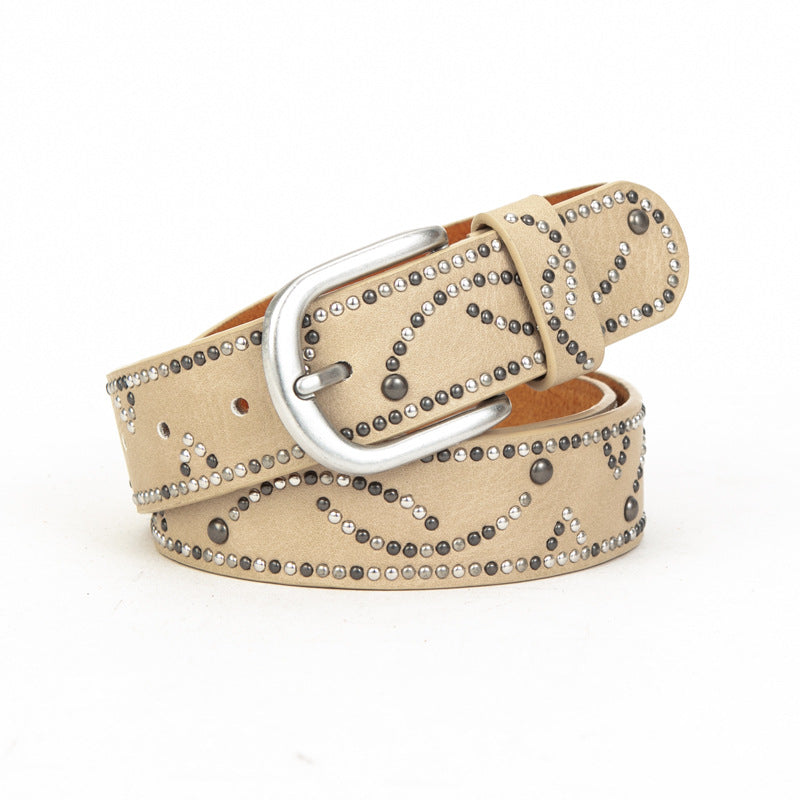 Distressed dark gold cracked PU leather rivet belt