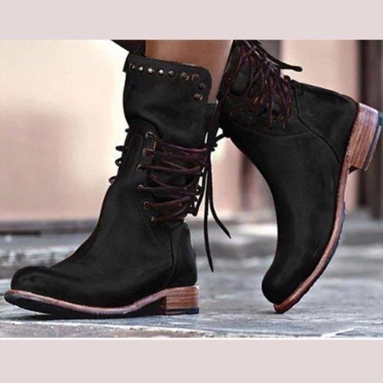 Retro British style rivet lace-up mid-calf boots