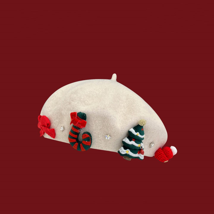 Christmas-themed patchwork red wool beret