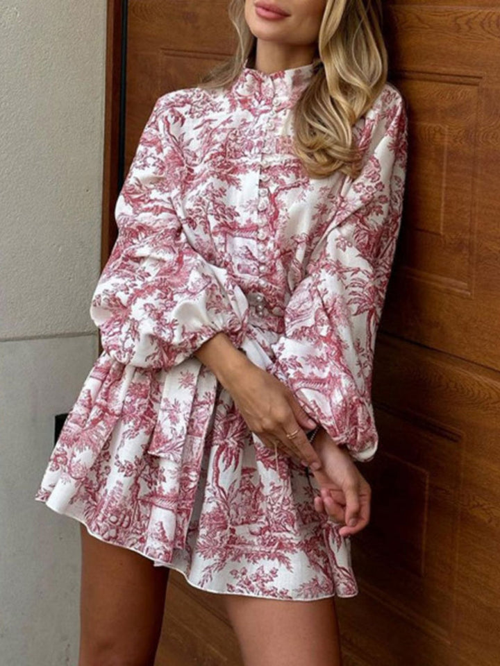 Elegant long-sleeved tie-neck printed dress
