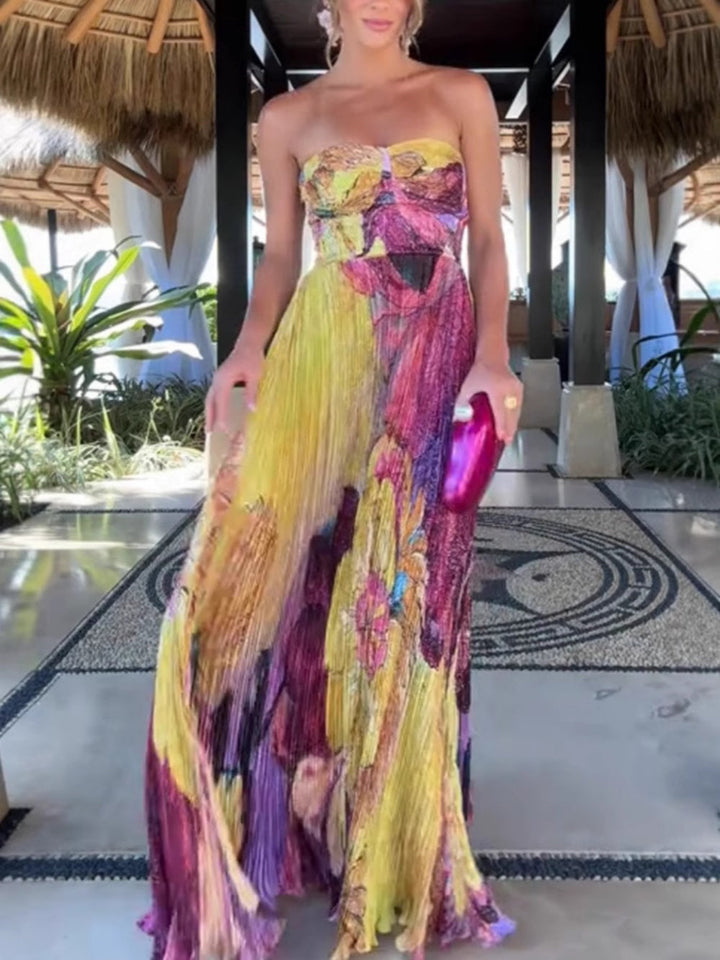 Strapless printed pleated maxi dress