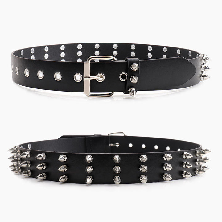 Three-row pointed bead rivet women's belt