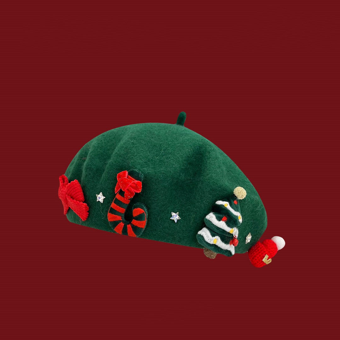 Christmas-themed patchwork red wool beret