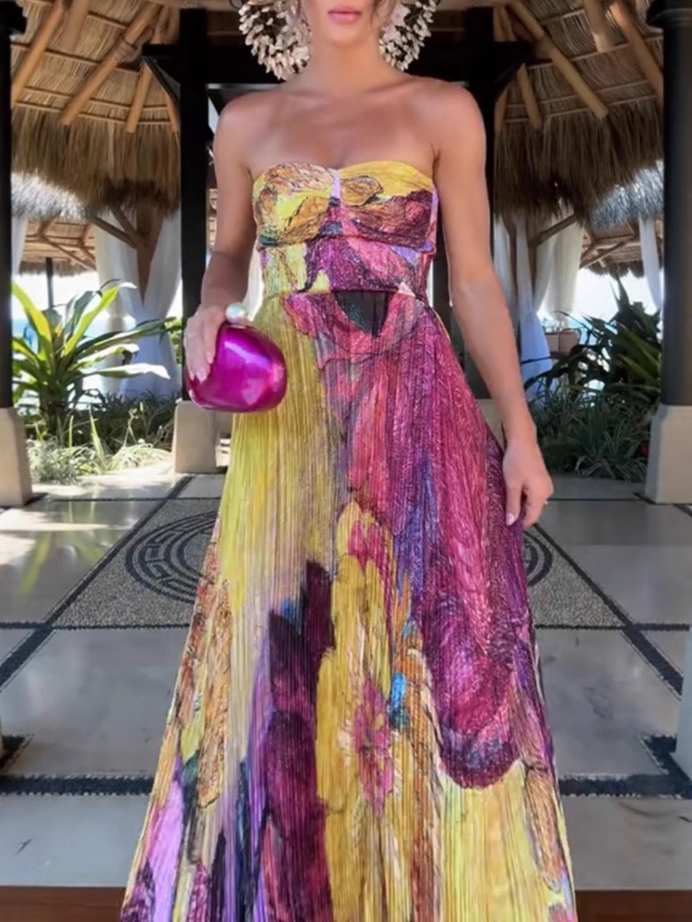 Strapless printed pleated maxi dress
