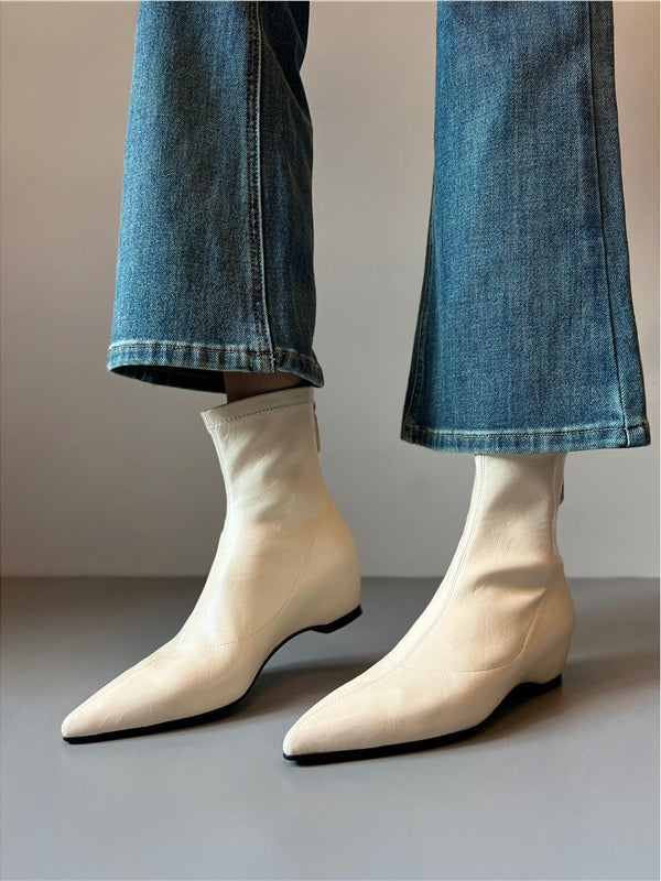 Pointed-toe soft leather stretch boots with back zipper wedge boots