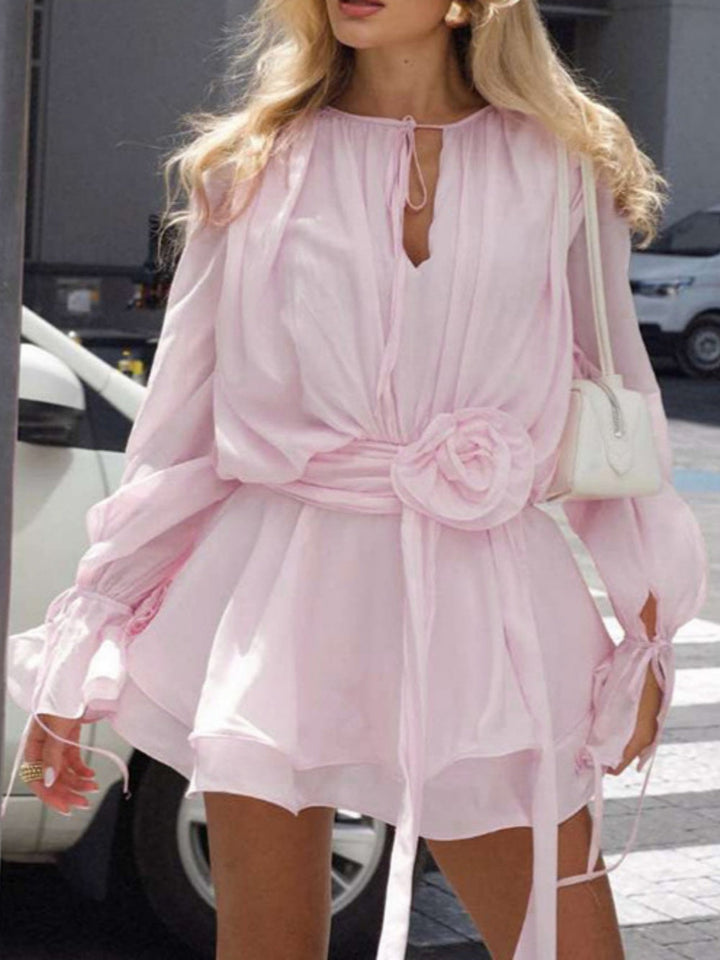 Lace-up flower-embellished bell-sleeve bodycon dress