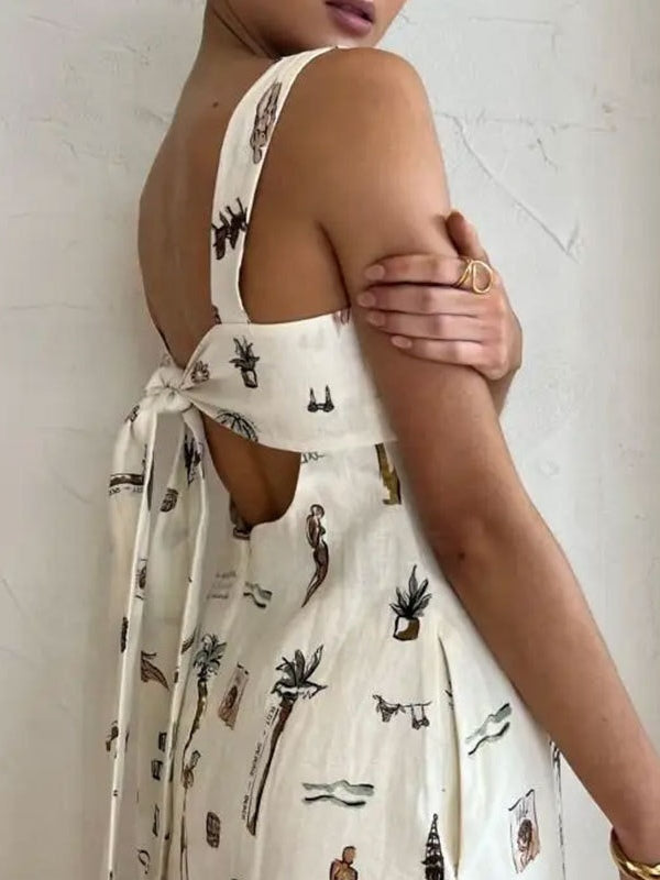 Sleeveless Tie-Drawn Print Swing Dress