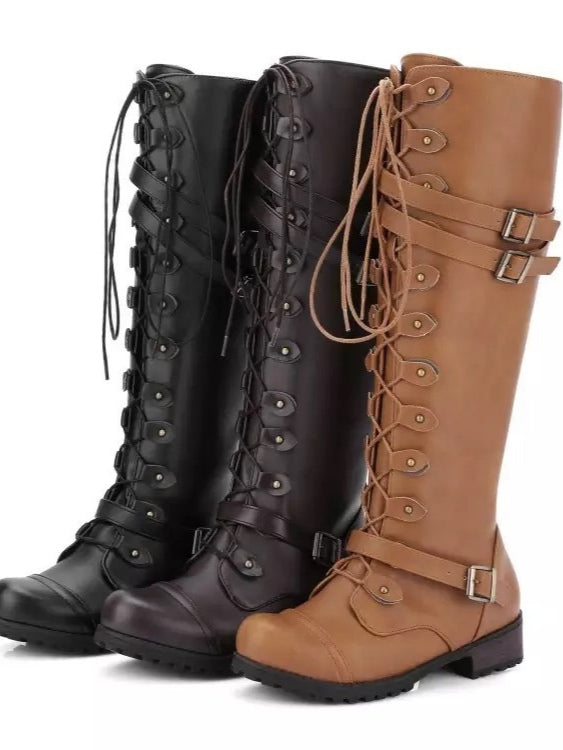 Round toe belt buckle rivet lace-up high-top riding boots