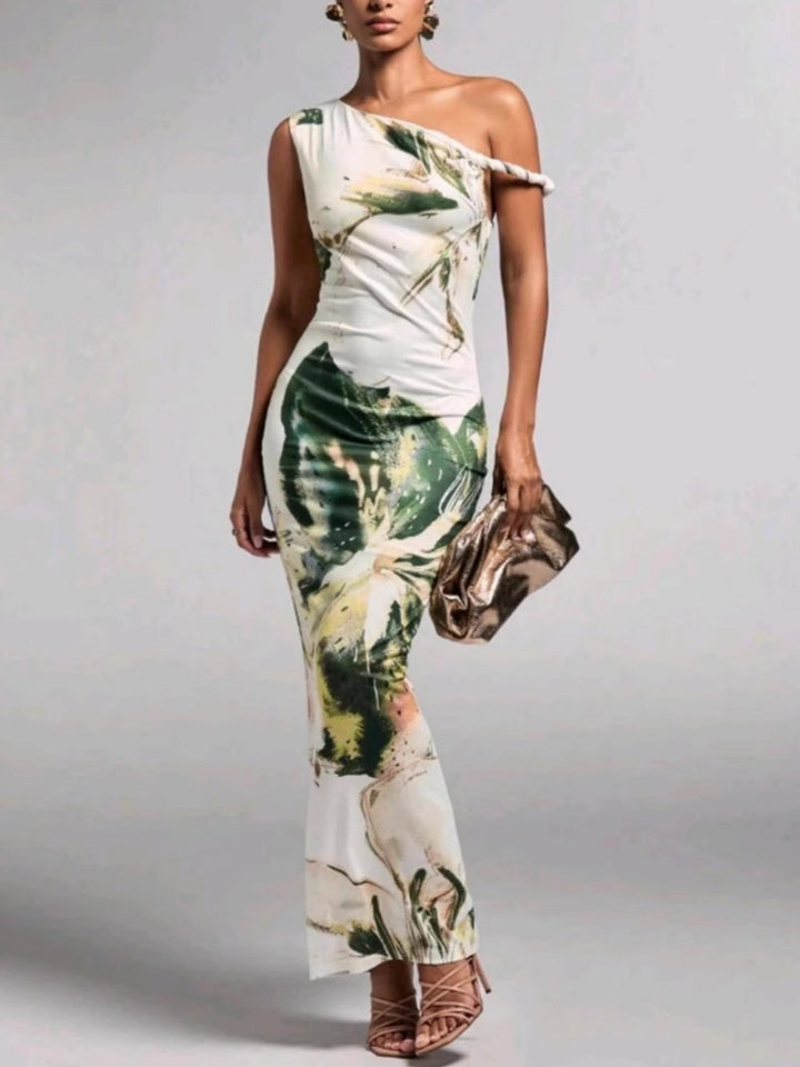 Printed pleated one-shoulder maxi dress