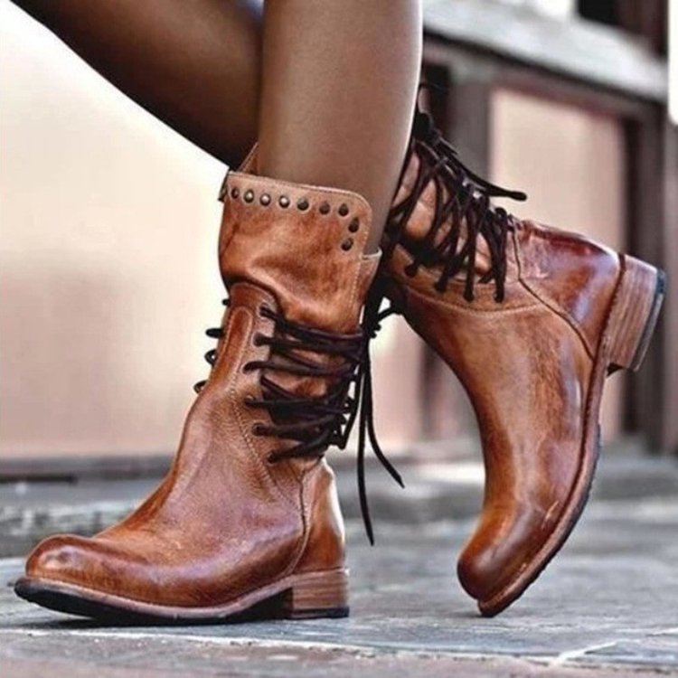 Retro British style rivet lace-up mid-calf boots