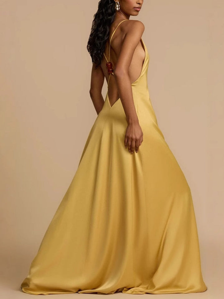 Sexy backless v-neck satin long dress