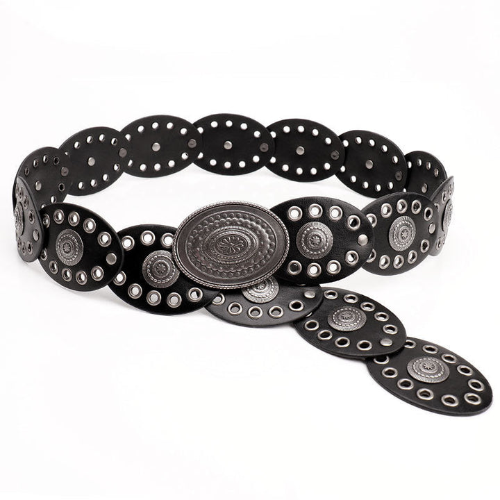 Oval stitching waist belt with large round pattern alloy buckle