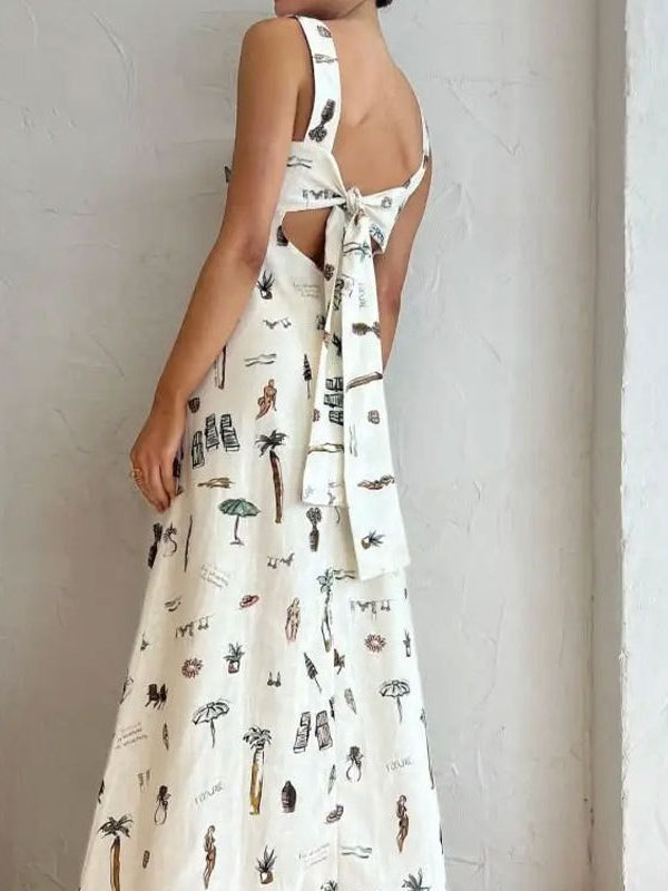 Sleeveless Tie-Drawn Print Swing Dress