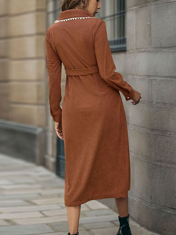 Antique Lace Lapel Shirt-Style Corduroy Dress