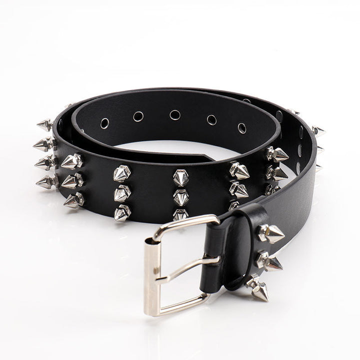 Three-row pointed bead rivet women's belt