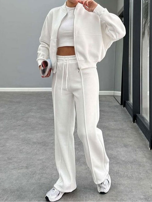 Women's zippered cardigan and straight pants suit