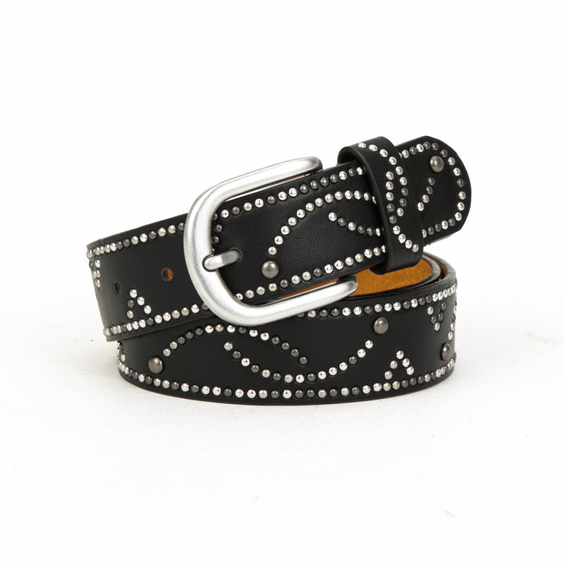 Distressed dark gold cracked PU leather rivet belt