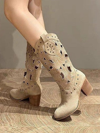 Suede chunky heel embroidered openwork Western boots