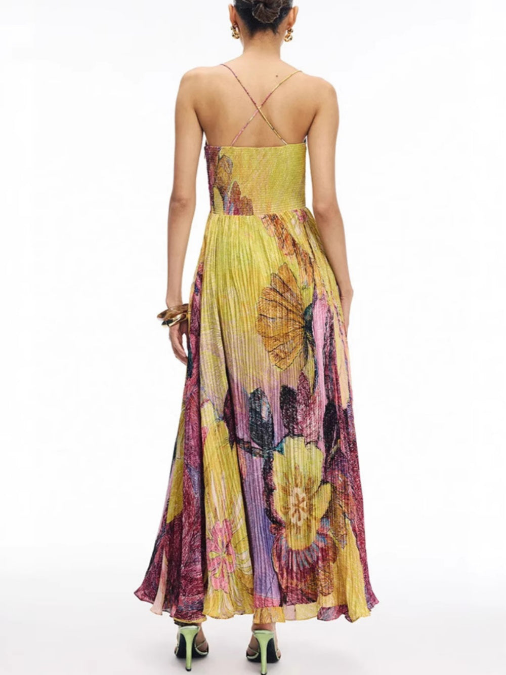 Strapless printed pleated maxi dress