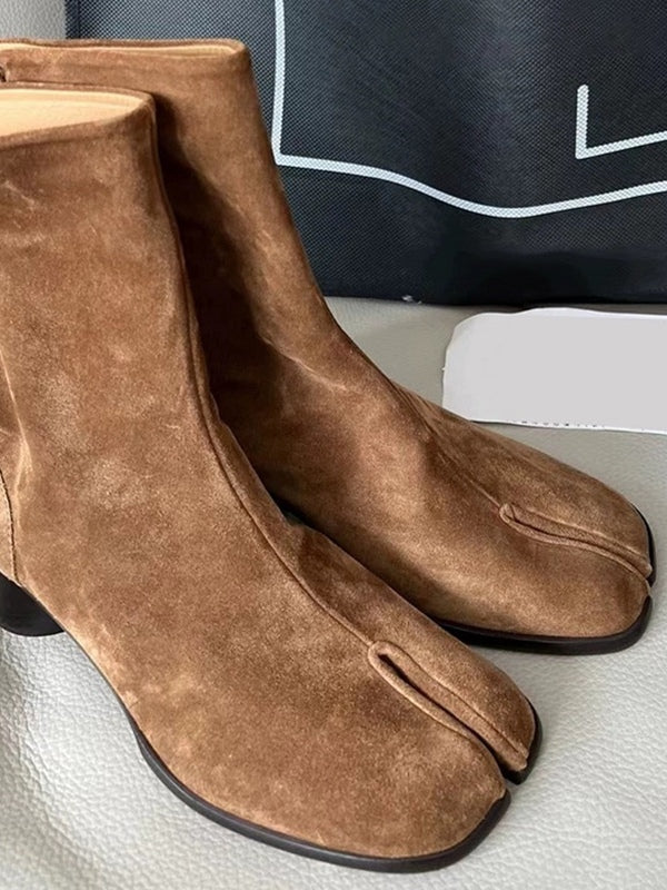 Genuine leather split-toe chunky heel mid-calf Martin boots