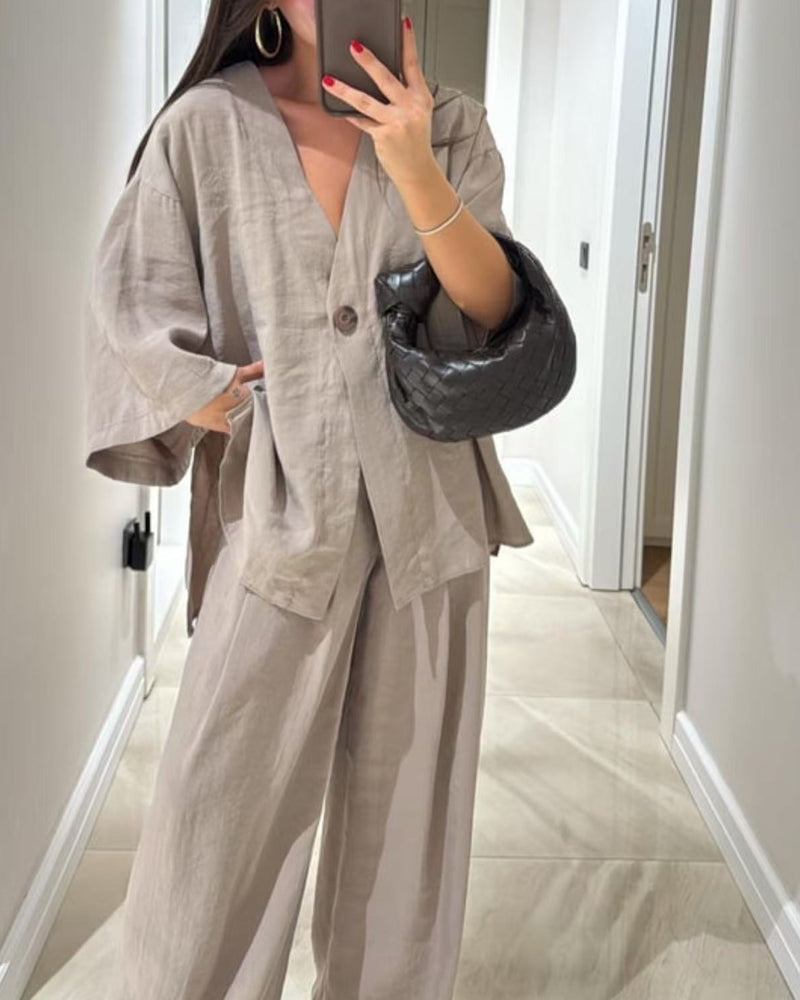 Casual V-Neck Top & Pants Two-Piece Set