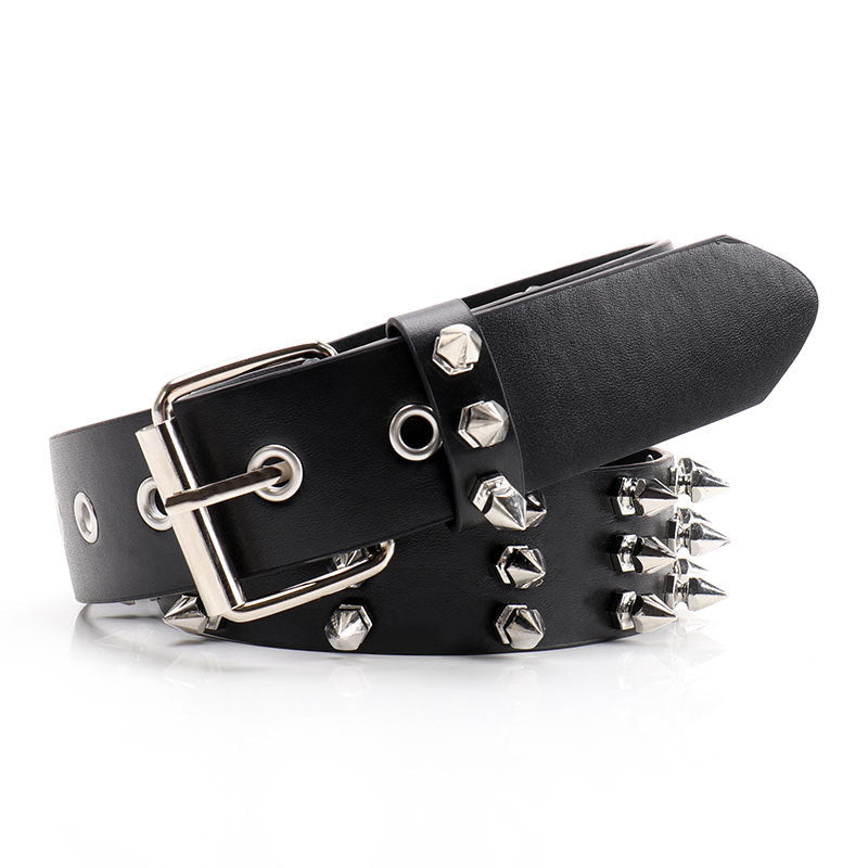 Three-row pointed bead rivet women's belt
