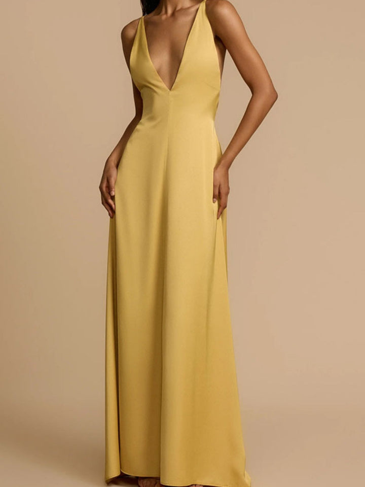 Sexy backless v-neck satin long dress