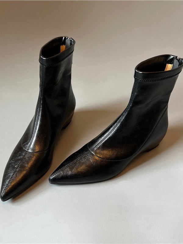 Pointed-toe soft leather stretch boots with back zipper wedge boots