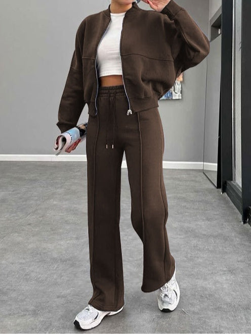 Women's zippered cardigan and straight pants suit