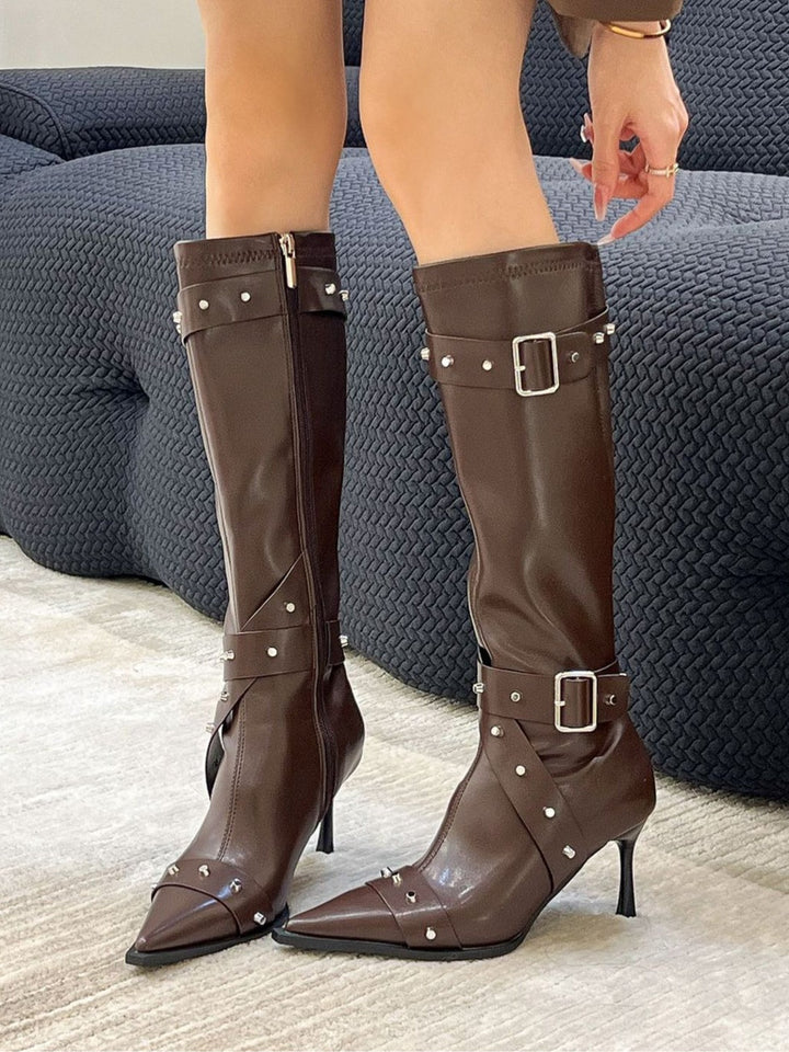 Women's pointed-toe studded high-heeled fashion boots