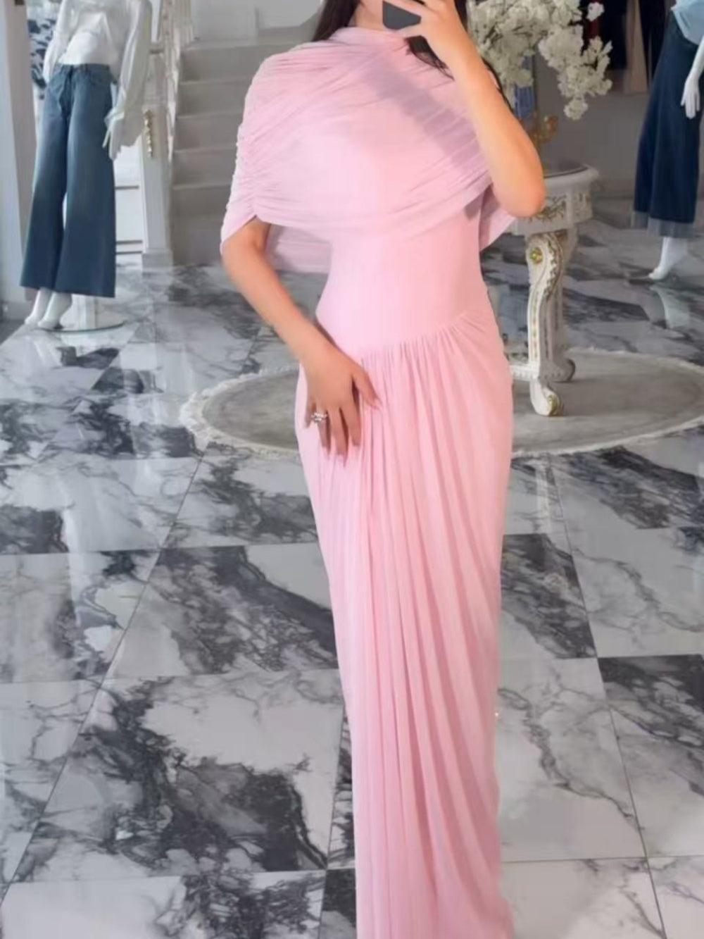 Cape-style pleated wrap maxi dress