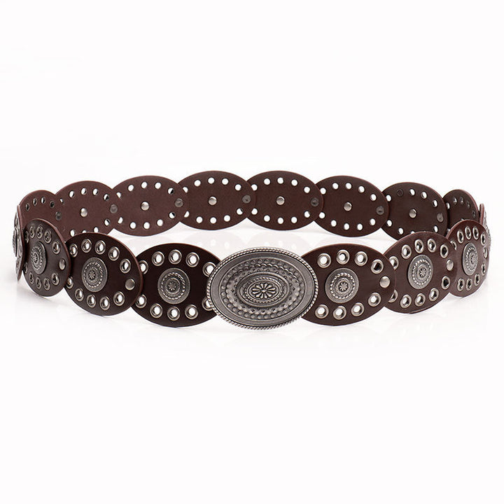 Oval stitching waist belt with large round pattern alloy buckle