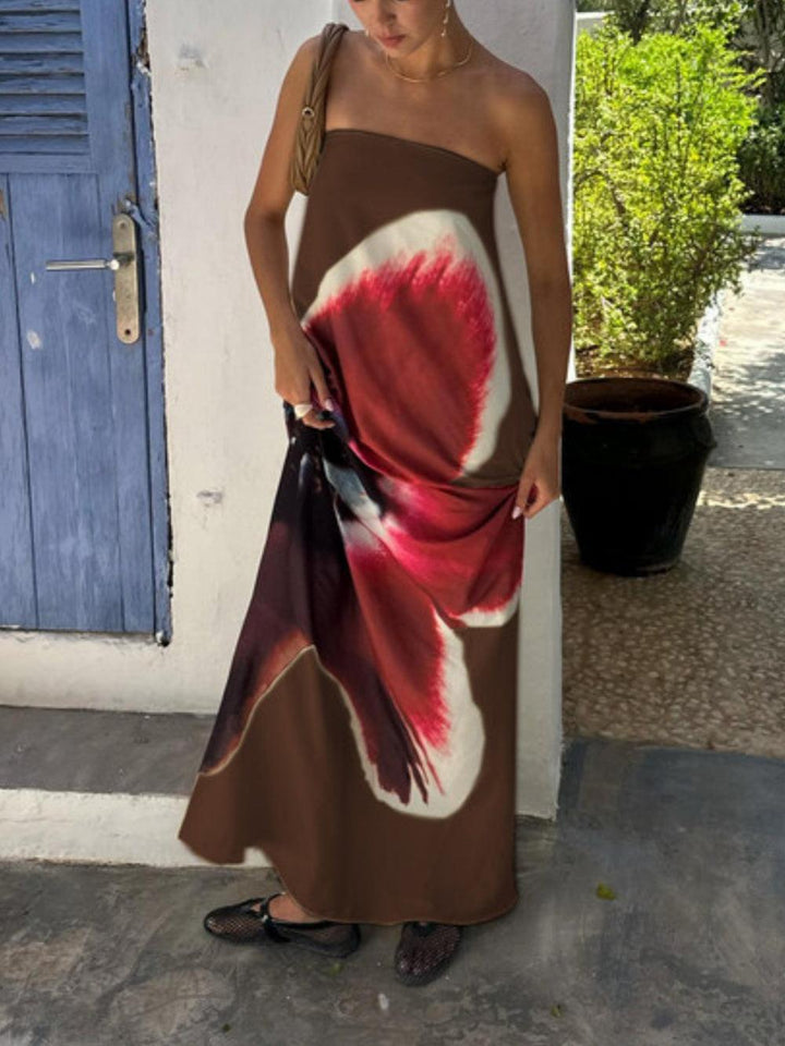 Printed tube top open back high waist dress