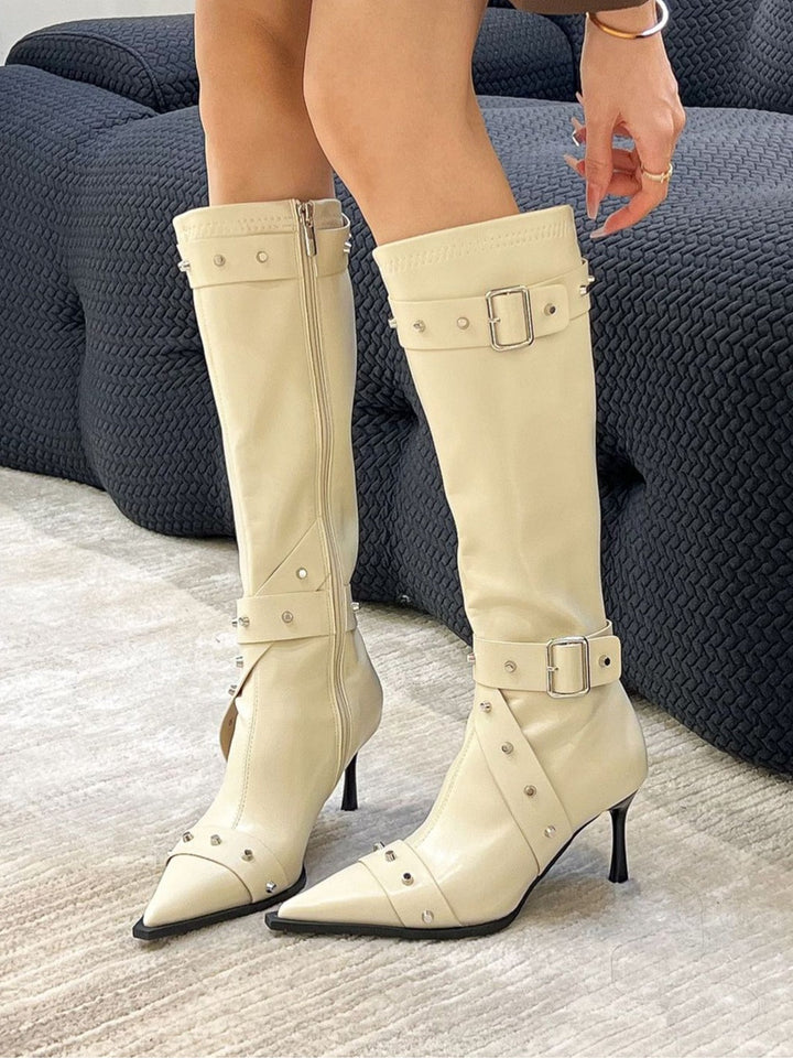 Women's pointed-toe studded high-heeled fashion boots