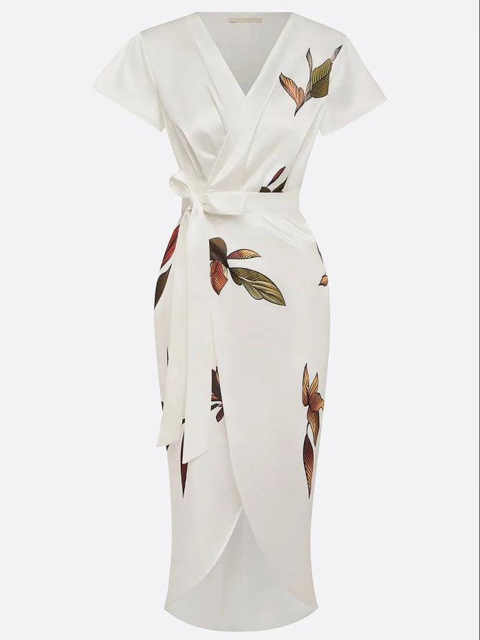White Leaf Short Sleeve Satin Wrap Sheath Midi Dress