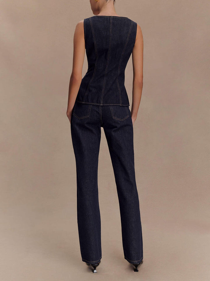 Unique Button-Down Denim Vest Top + Straight Jeans