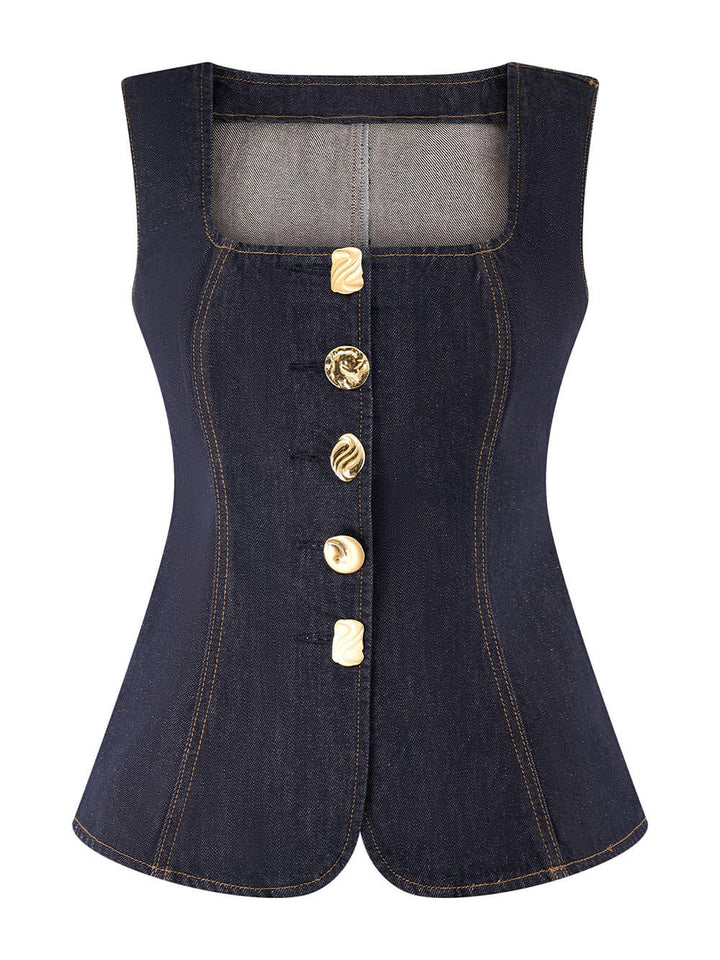 Unique Button-Down Denim Vest Top + Straight Jeans
