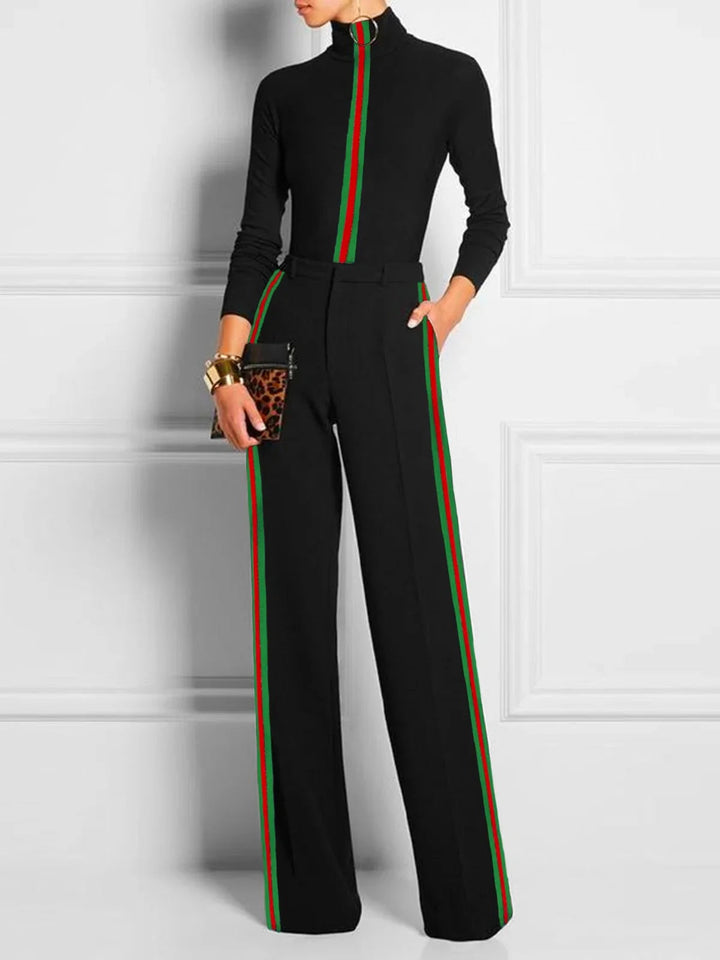 Contrast striped turtleneck T-shirt and trousers set