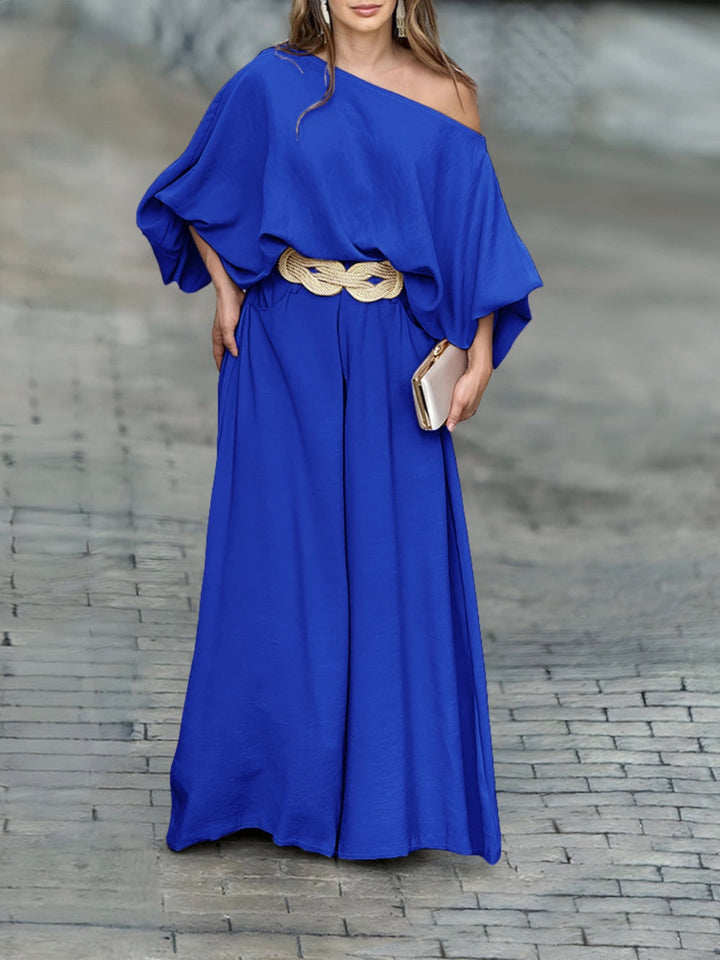 Off-shoulder lantern sleeve loose top and pants set