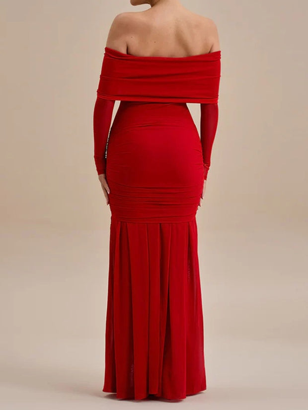 Solid color pleated slim long sleeve one-shoulder dress