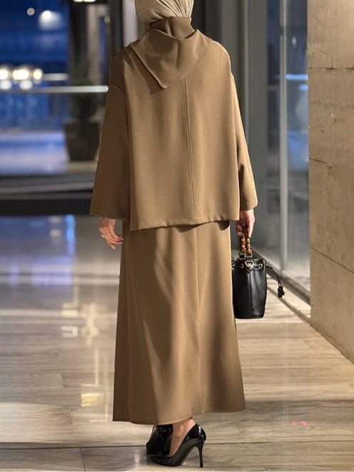 Asymmetrical hem top and pleated skirt set with a silk scarf