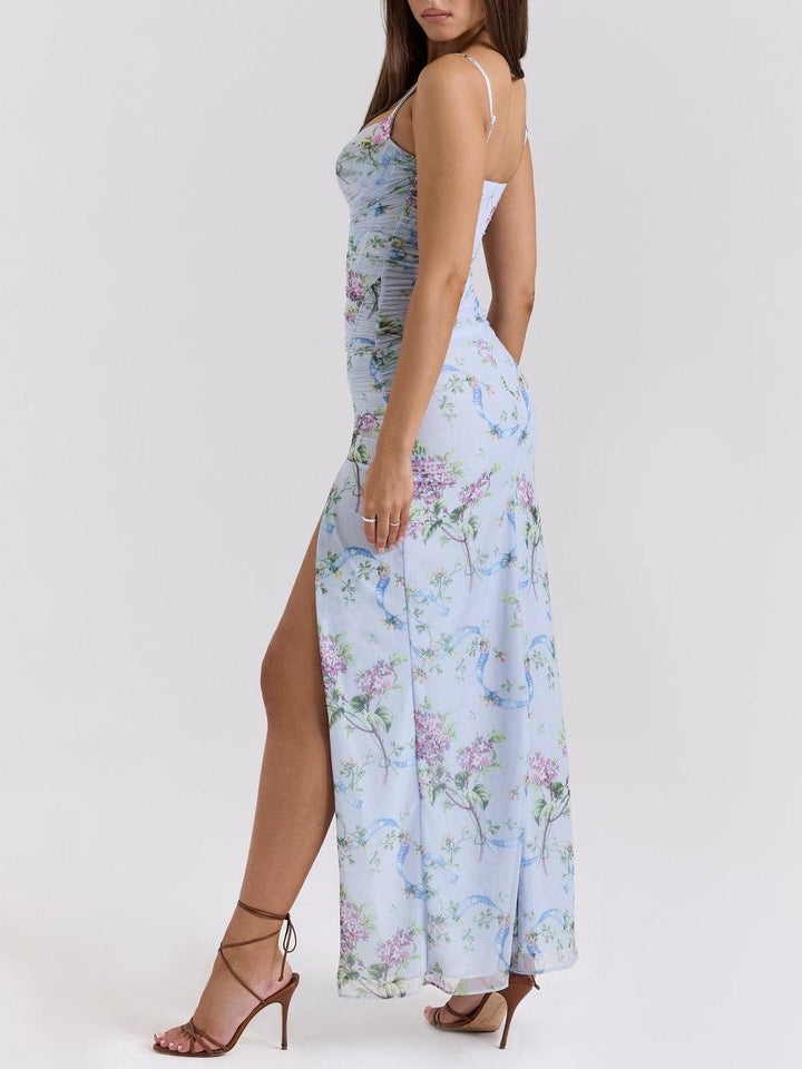 Blue loral print mesh maxi dress