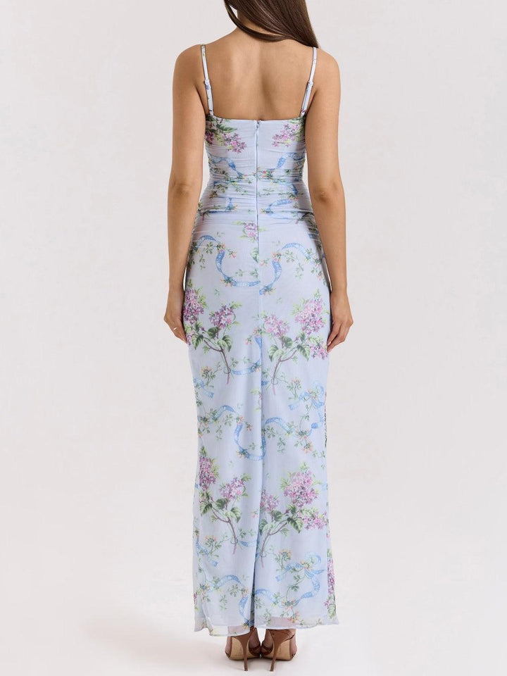 Blue loral print mesh maxi dress